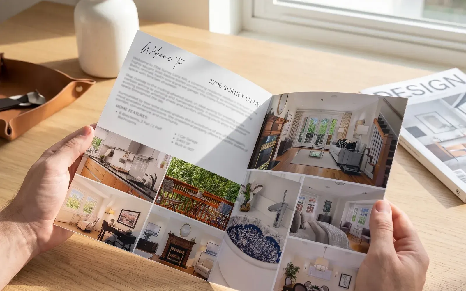 Open 4-page real estate brochure with a welcome page, home features, and a grid of interior photos