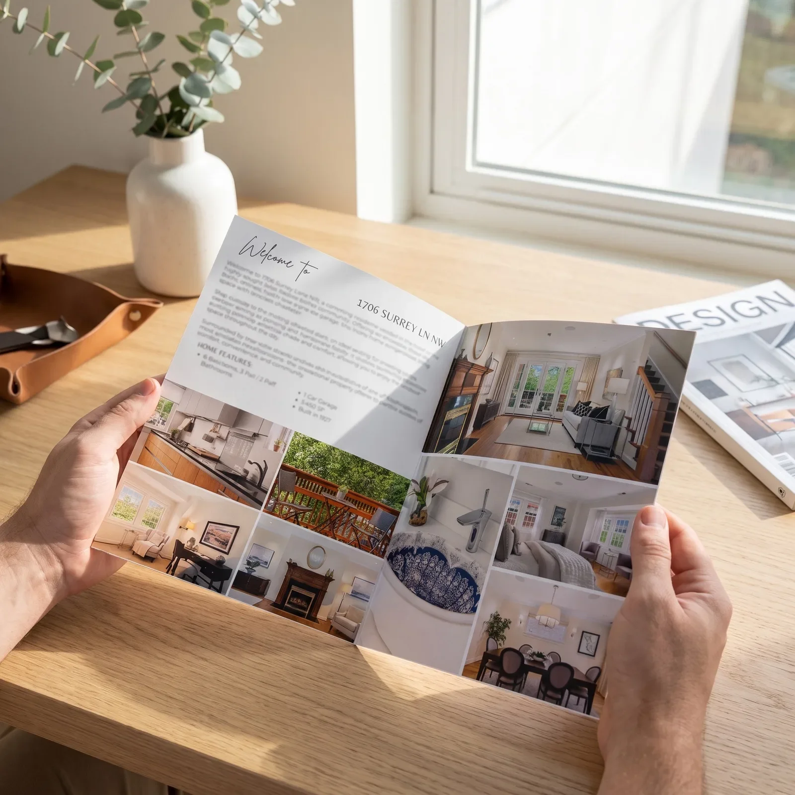 Interior spread of a 4-page real estate brochure with a photo grid and home features