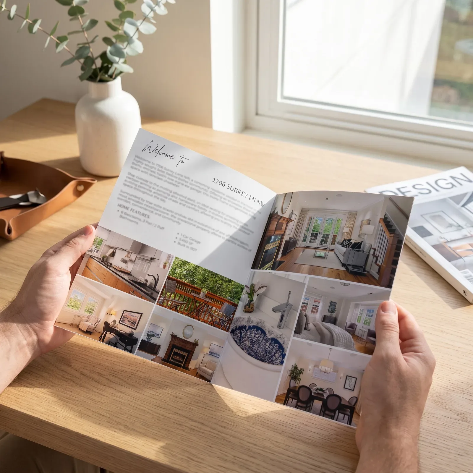 Open 4-page real estate listing brochure showing a welcome page, home features, and interior photo spread