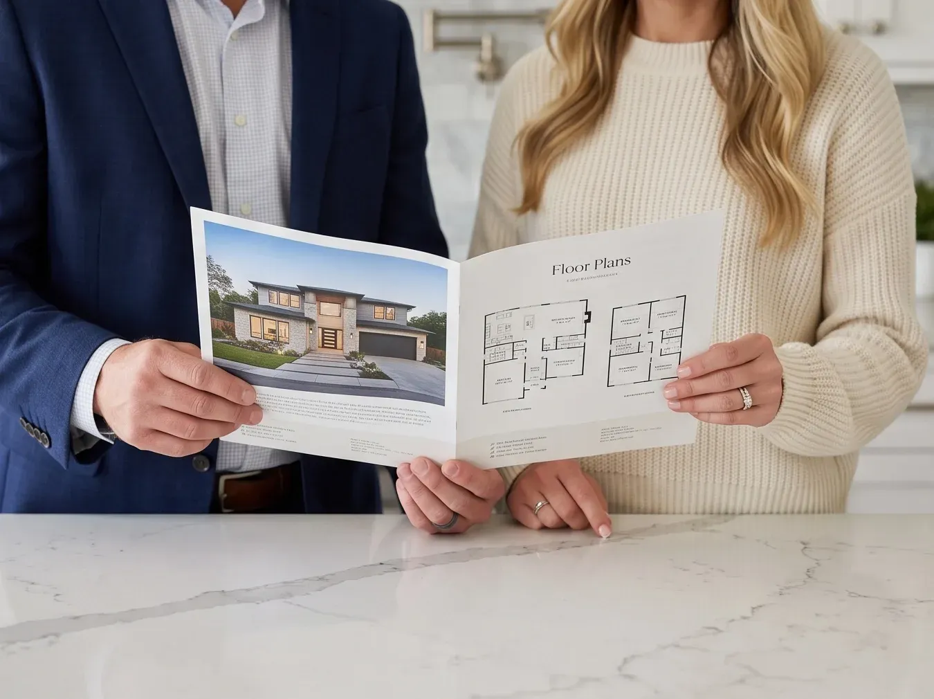 Real estate agent and client holding an open 4-page listing brochure with a modern home exterior photo on one page and two-level floor plans on the other, over a marble kitchen island