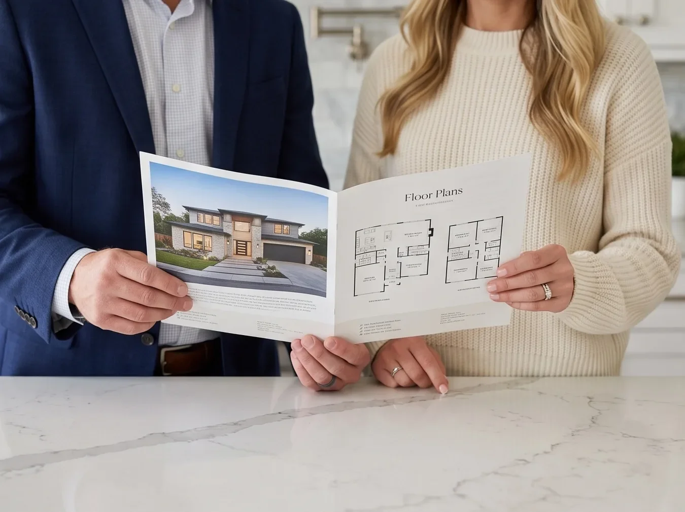 Real estate agent and client reviewing a printed listing brochure with the exterior photo and floor plans at a kitchen island
