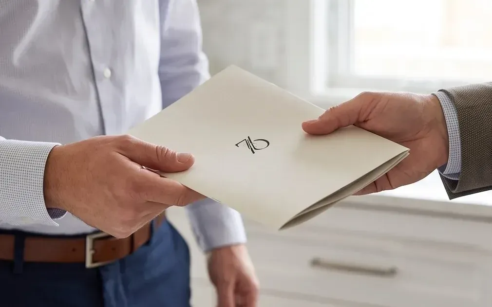 Real estate agent handing a folded listing brochure to a client in a white kitchen