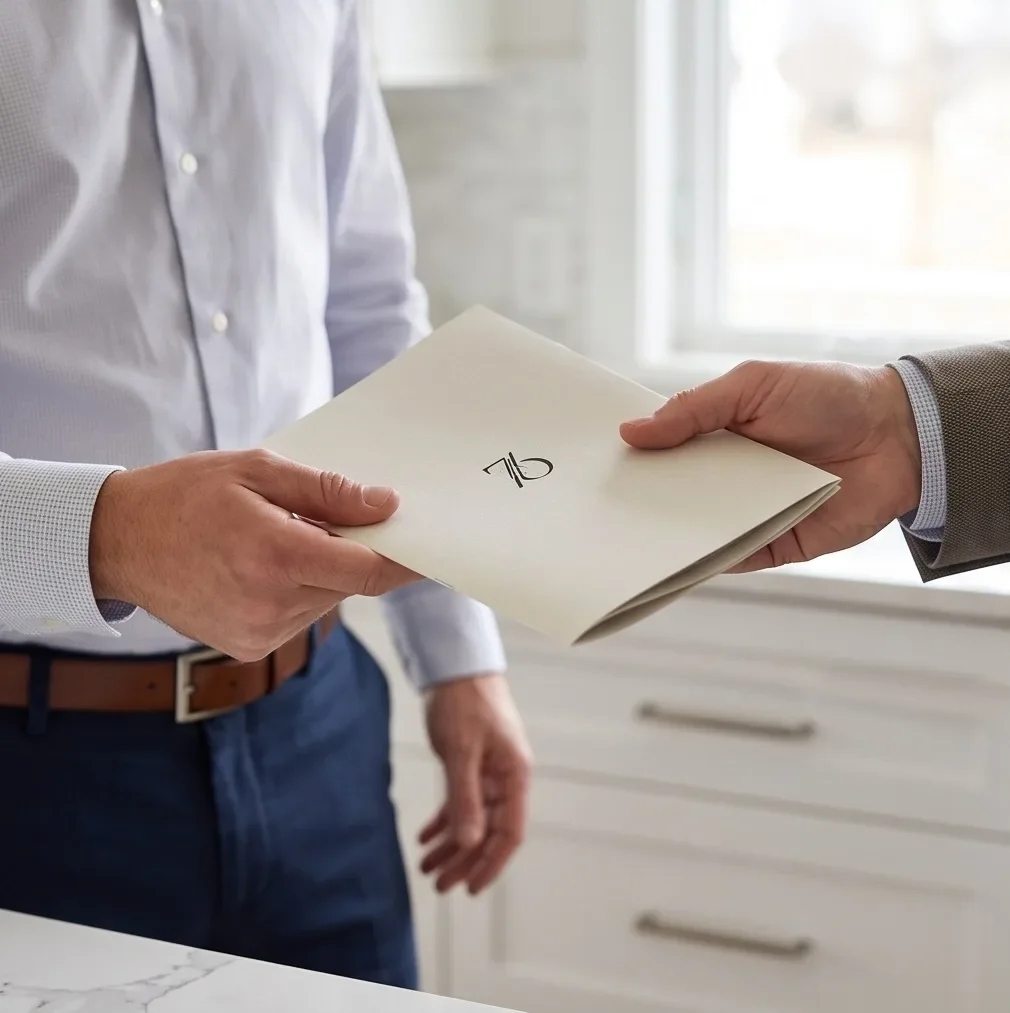 Agent handing a folded listing brochure to a buyer in a white kitchen