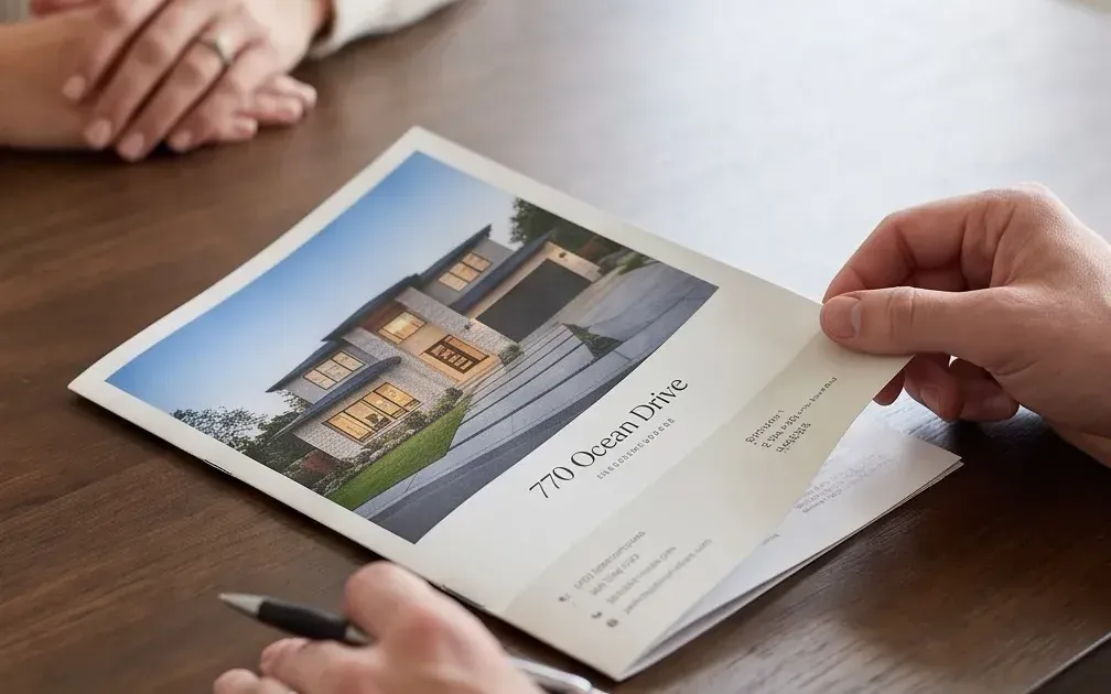 Buyer reviewing a printed listing brochure for a modern home at a dining table