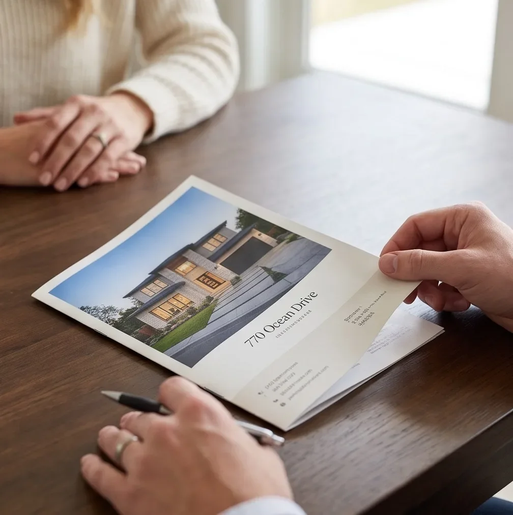 Buyer reviewing a printed listing brochure for a modern home at a dining table