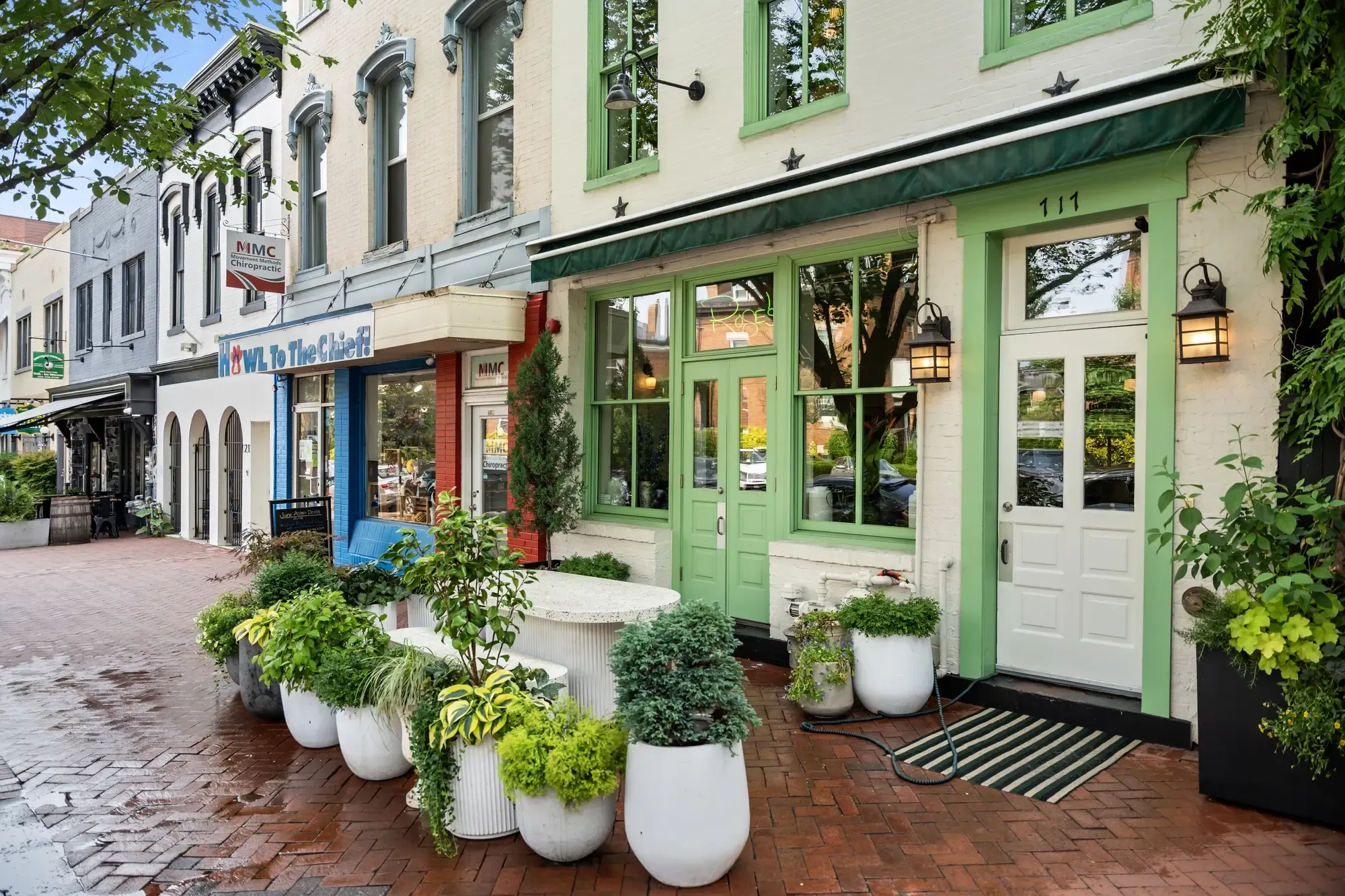 Barracks Row shopfronts with planters — Capitol Hill neighborhood photography