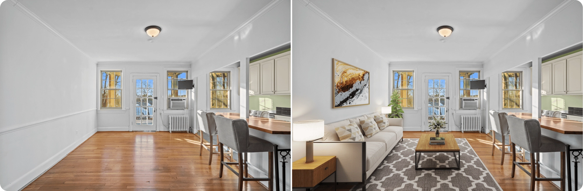 Virtual staging before and after — empty living room vs fully furnished space
