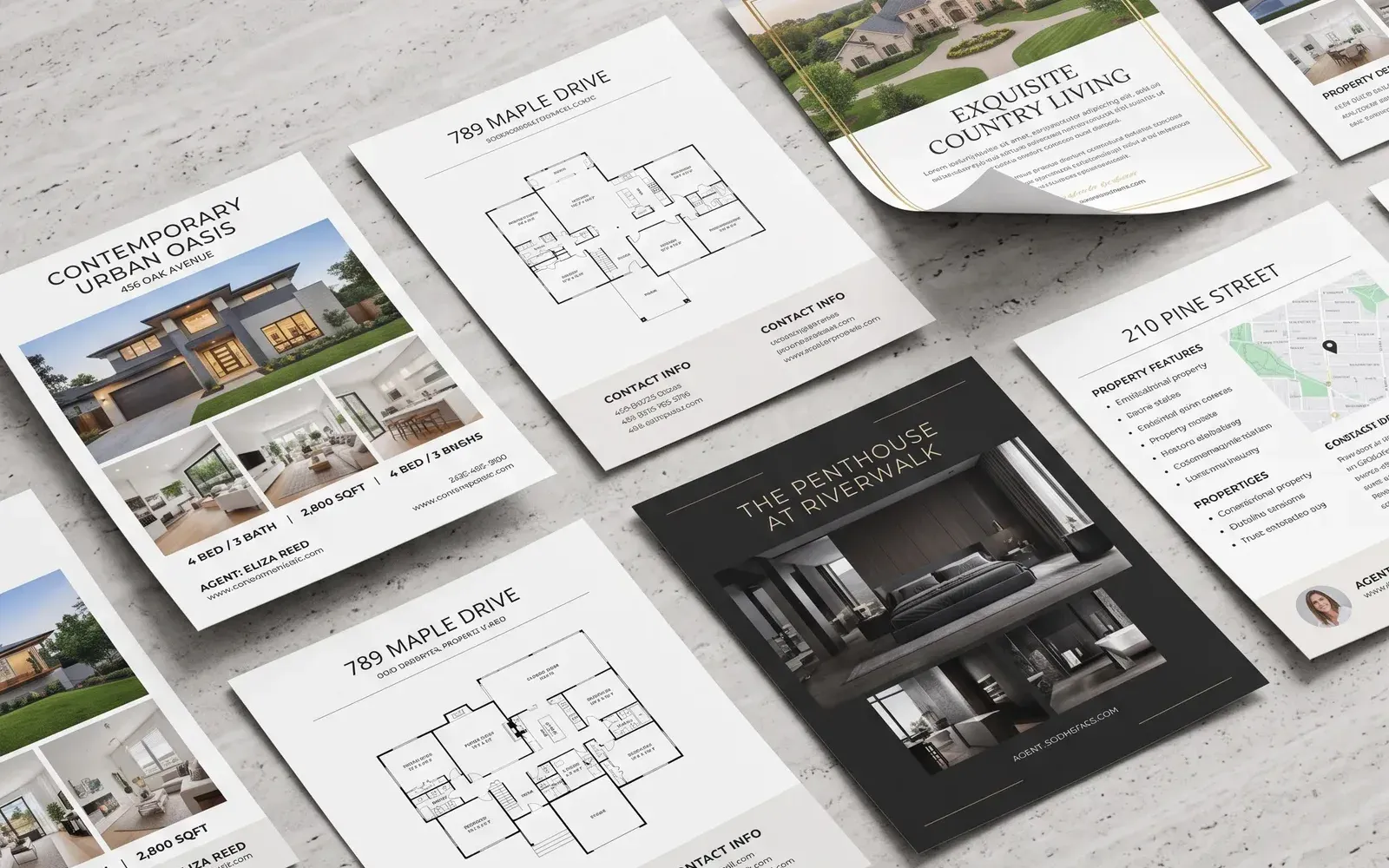 Back pages of printed listing flyers showing interior photos, a floor plan, a feature list, a neighborhood map, and agent contact details