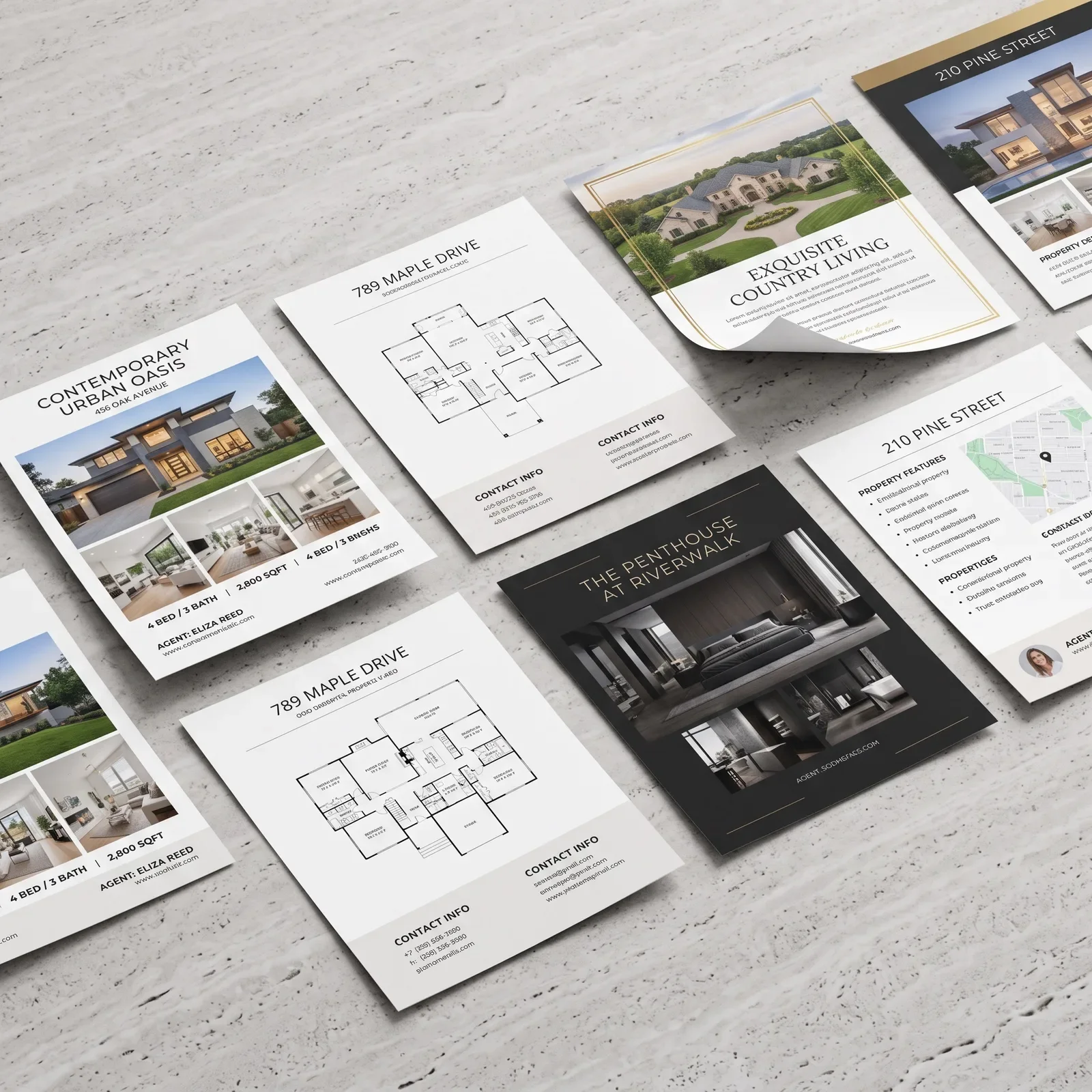 Printed listing flyers with floor plans, property features, a neighborhood map, and agent contact details