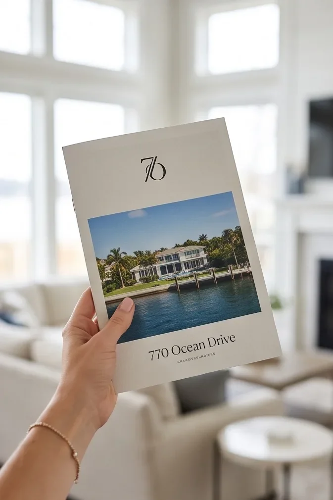 Hand holding a luxury waterfront listing brochure cover in a bright living room