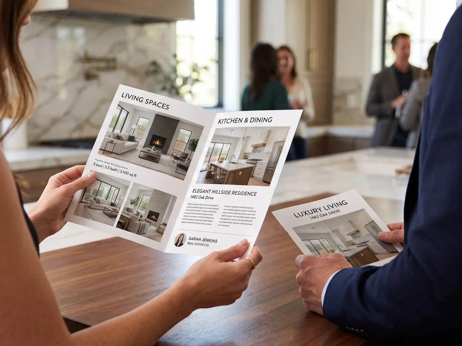 Buyer reading a double-sided real estate listing flyer at an open house kitchen island — same-day flyer printing by Umedia