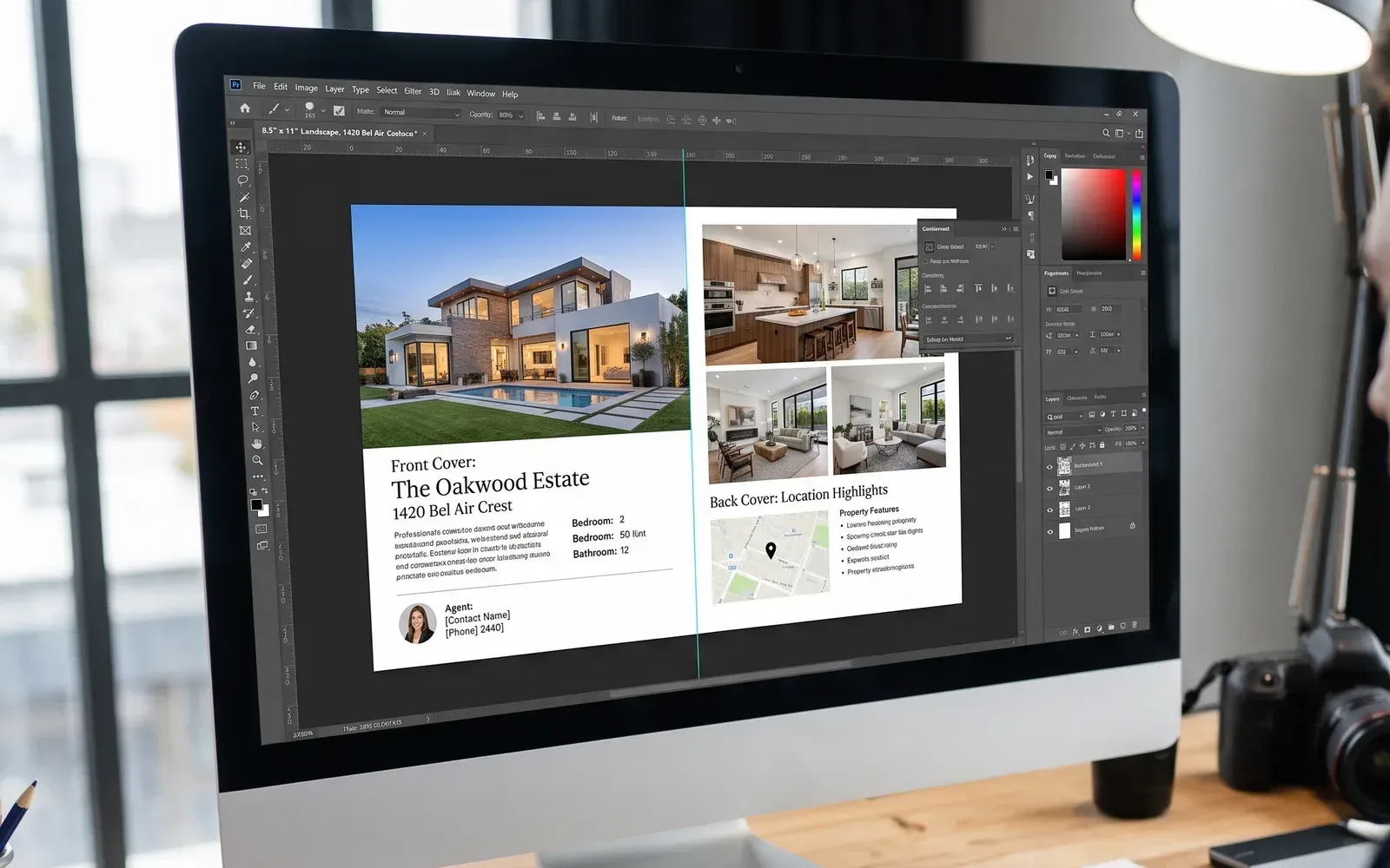 Designer building a print-ready real estate flyer and brochure layout on a desktop monitor