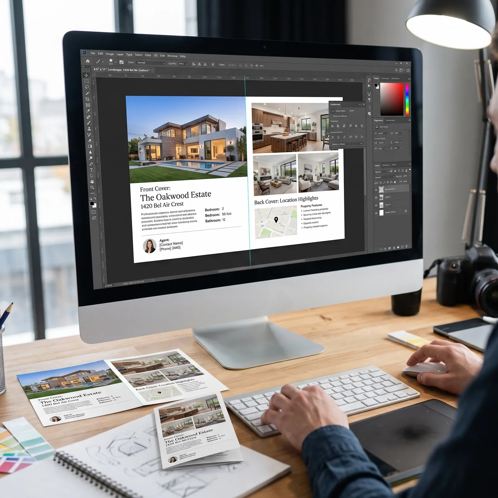 Graphic designer building a real estate brochure layout on a desktop computer next to printed proofs