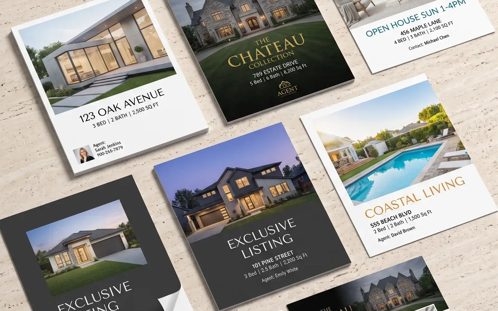 Printed open house flyer fronts with a dominant hero photo, a short headline, and address, beds, baths, and square footage