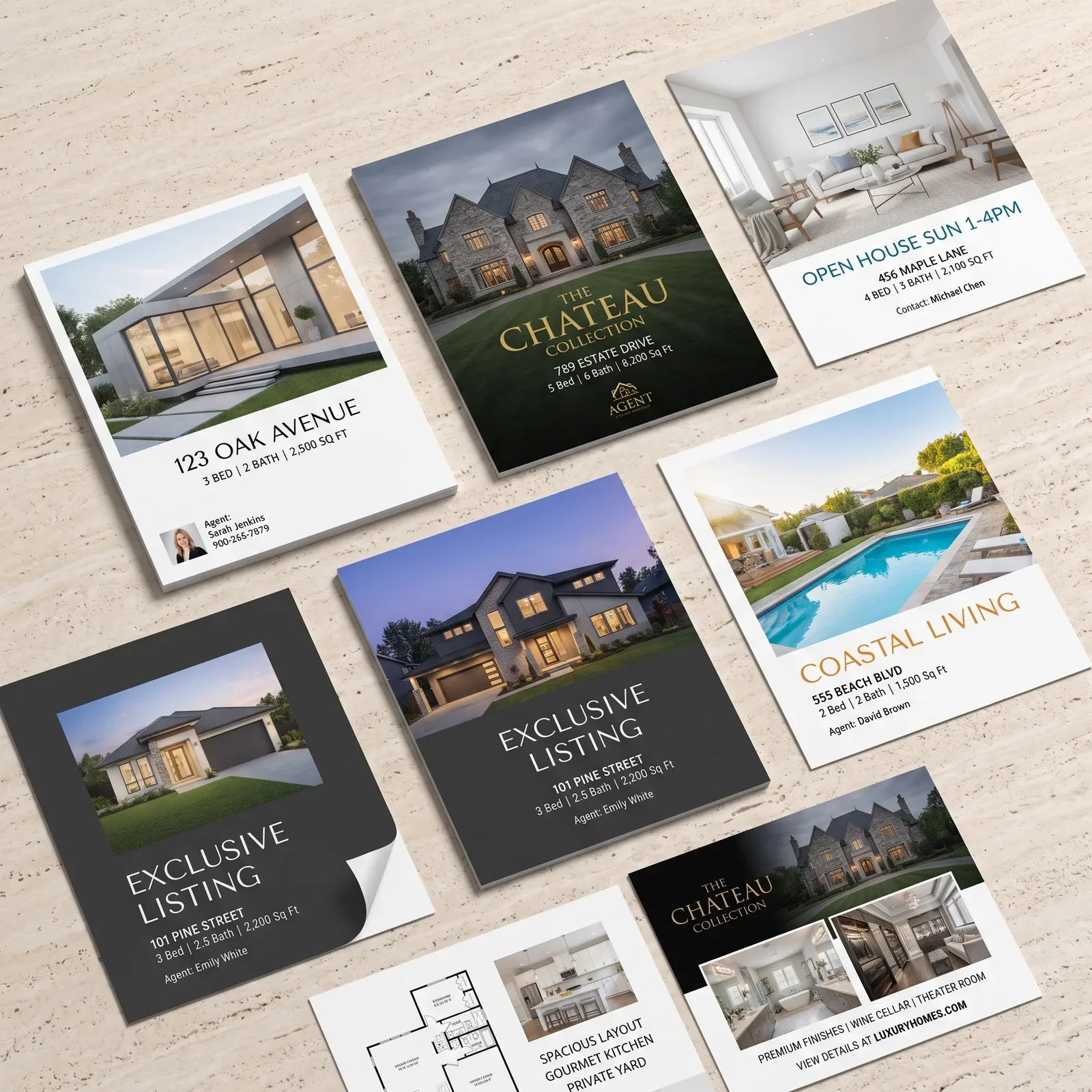Collection of full-color real estate flyer designs for open houses and luxury listings