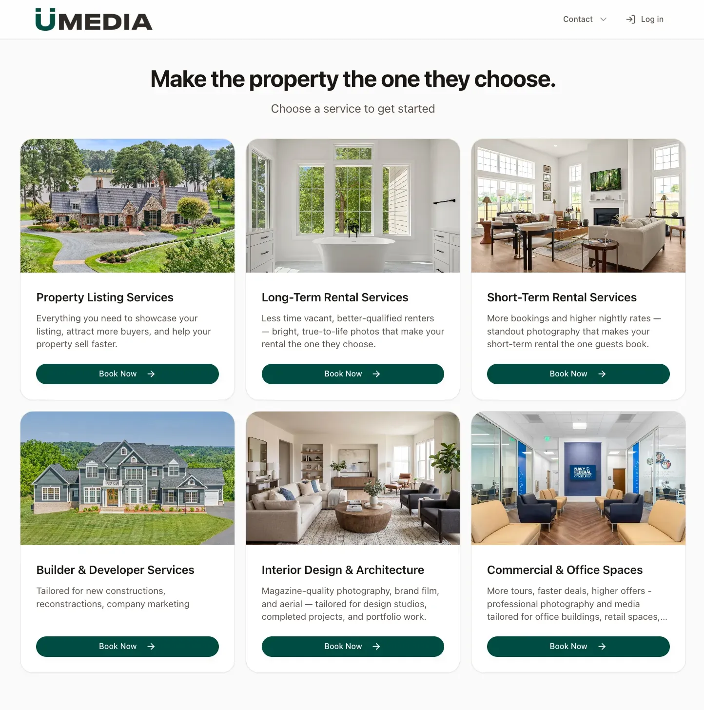 The new UMedia booking page, powered by Spatiko: "Make the property the one they choose" with six services to pick from — property listings, long-term and short-term rentals, builder, interior design, and commercial shoots