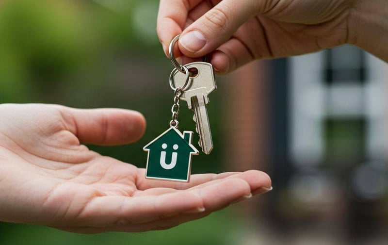 Realtor handing keys with Umedia branded keychain