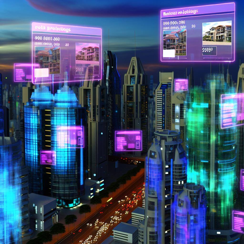 A futuristic cityscape with holographic real estate listings floating in the air above buildings.