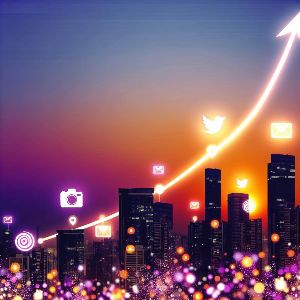 An image of a modern city skyline with various social media icons overlaid on top, representing the potential for growth and success in real estate sales through utilizing social media strategies.