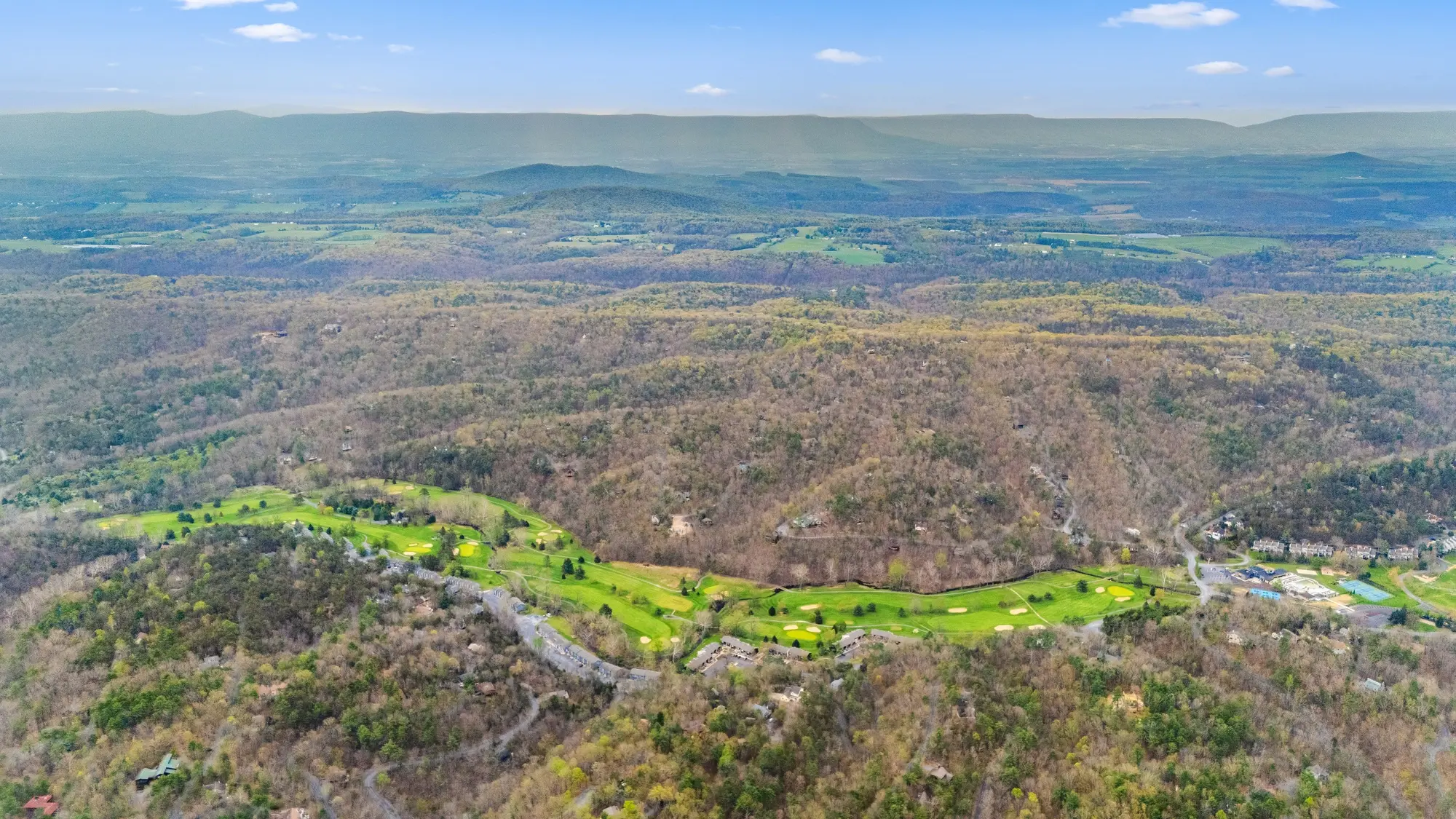 Aerial panorama of Basye, Virginia mountains and forest