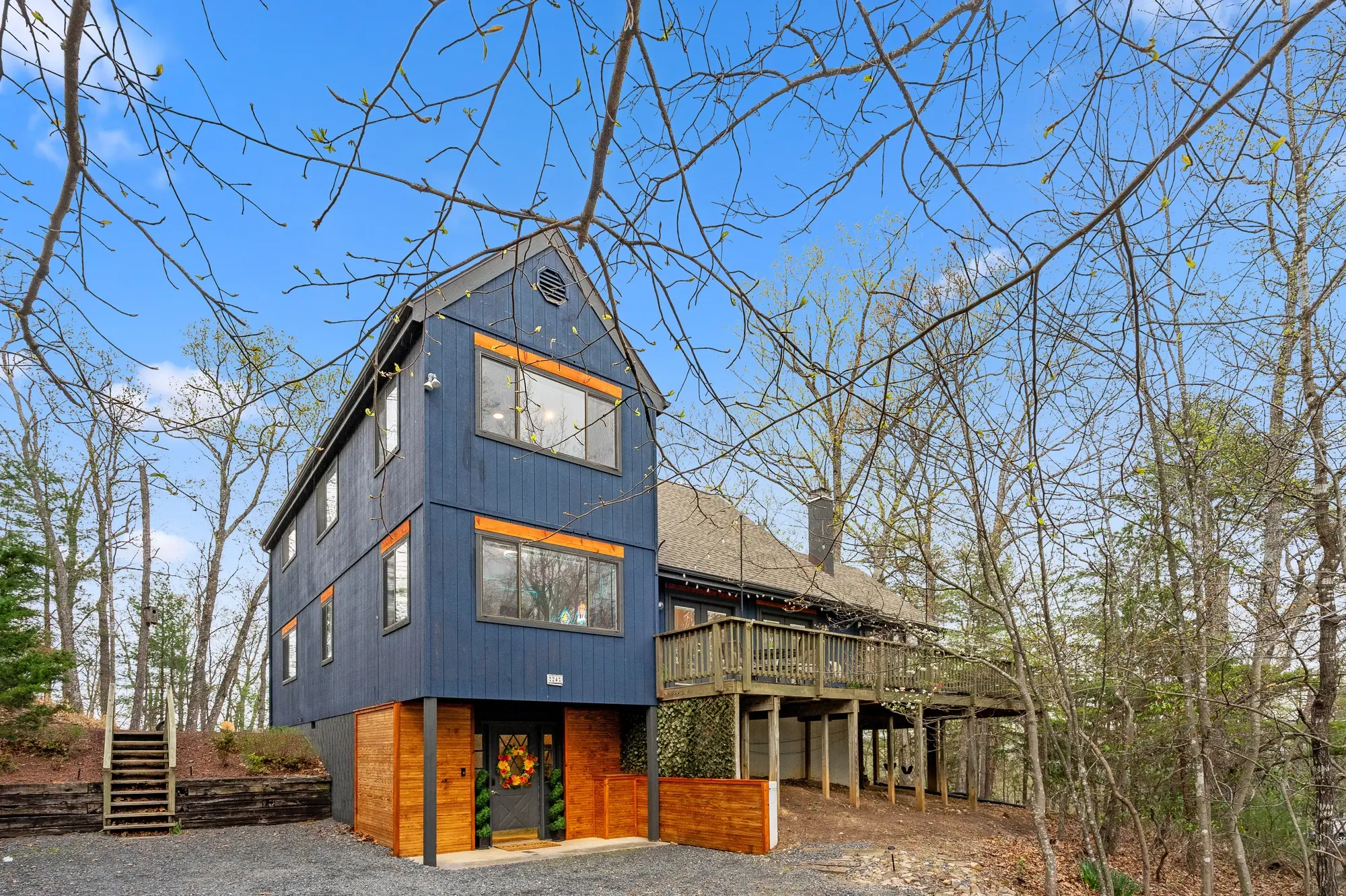 Modern blue mountain cabin exterior in Basye, Virginia