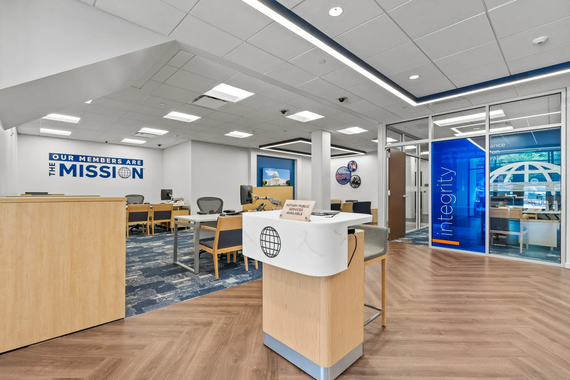 Navy Federal Credit Union interior lobby in Washington DC, professional real estate photo